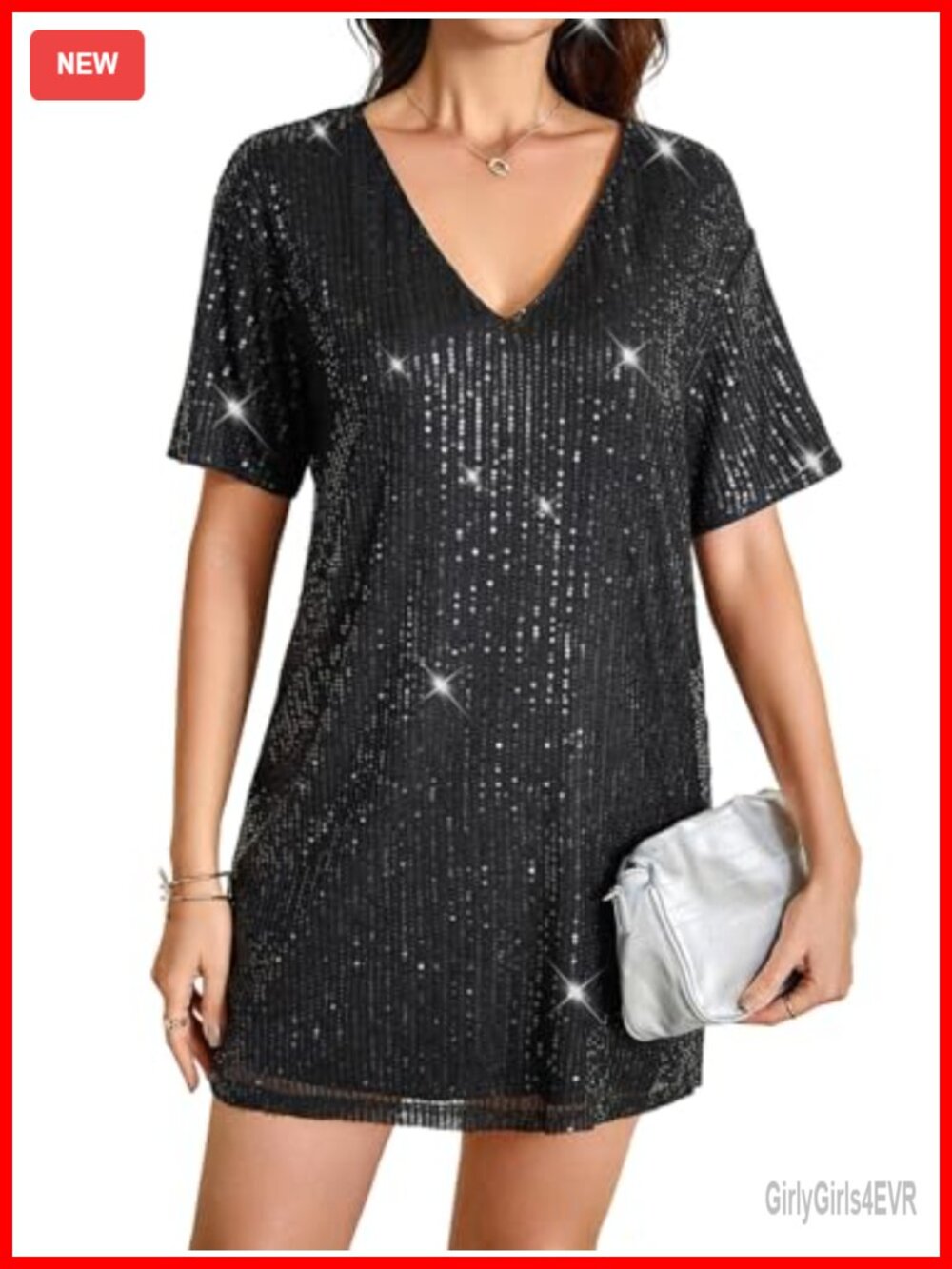 Sequin Sparkly Short Sleeve Tunic Dress Loose Glitter Cocktail Party Mini
